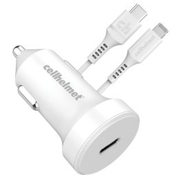 cellhelmet CAR-PD-20W+R-LIGHT 20-Watt Single-USB Power Delivery Car Charger with USB-C to Lightning Round Cable, 3 Feet