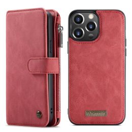 Premium Magnetic Wallet Flip Case for iPhone (Color: Red, Model: iPhone 13 PRO MAX)
