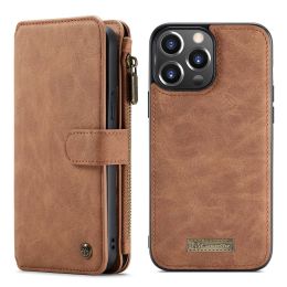 Premium Magnetic Wallet Flip Case for iPhone (Color: Brown, Model: iPhone 13 PRO MAX)